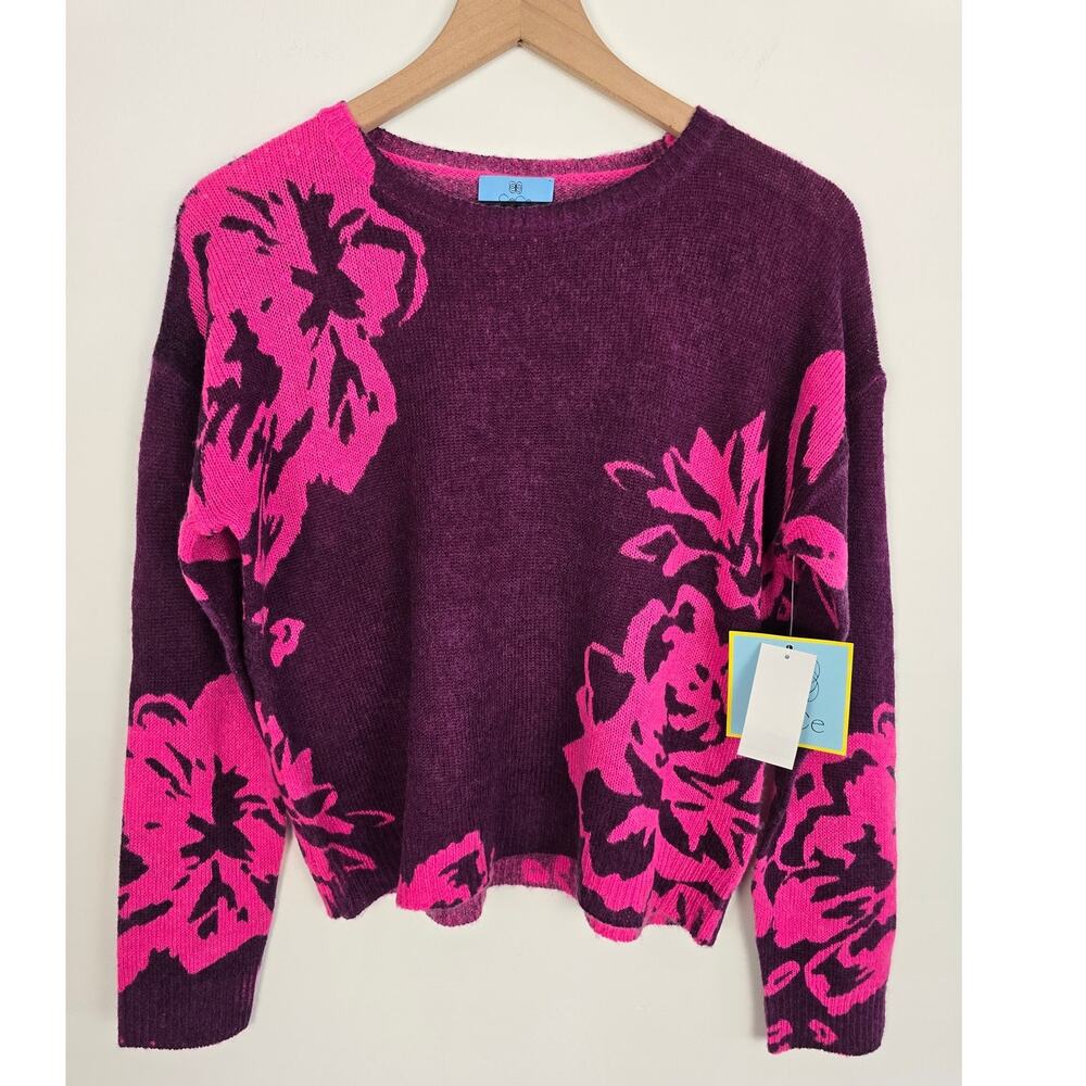 CeCe Purple Pink Floral Knit Sweater Women's Small Long Sleeve Top - Picture 2 of 6